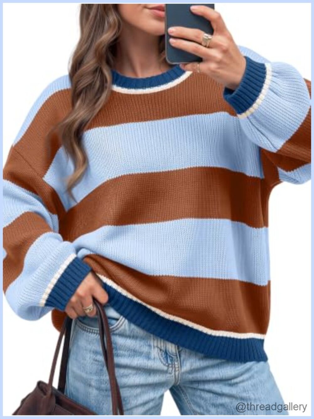 Oversized Striped Crewneck Sweater Cotton Acrylic Pullover